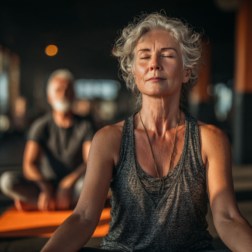 Літня жінка практикує йогу в спокійному середовищі
