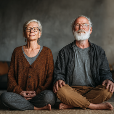 Група літніх людей займається йогою на свіжому повітрі